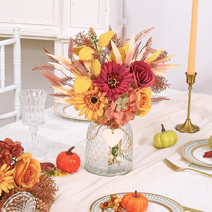 MARTINE MALL Artificial Dahlia Flowers with Vase, Silk Fall Flowers in Vase - Fall Decor for Home Centerpieces, Thanksgiving Party, Rustic Wedding