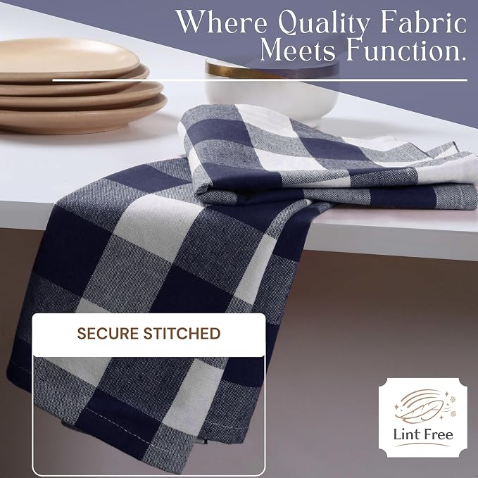 Navy Buffalo Plaid Kitchen Dish Towels, 12 Pack, 100% Cotton, 16x26 Inches, Super Absorbent, Quick Dry, Soft, Durable, Dish Drying & Cleaning Towels with Hanging Loop, Navy Blue White