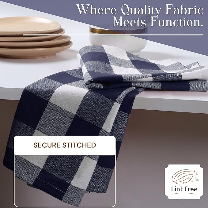 Navy Blue Buffalo Check Kitchen Towels, 4 Pack, 100% Cotton, 16x26 Inches, Soft, Absorbent, Quick Dry, Dish Cloths, Bar & Restaurant Cleaning Towels with Hanging Loop, Navy White