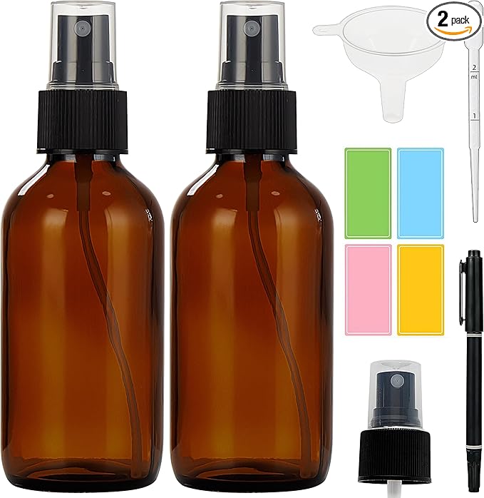 Dark Amber Glass Spray Bottles 4 oz, Small Glass Spray Bottles for Essential Oils, Fine Mist for Face, Hair, Plants, Travel, Perfumes, Cleaning Solutions - 2 Pack
