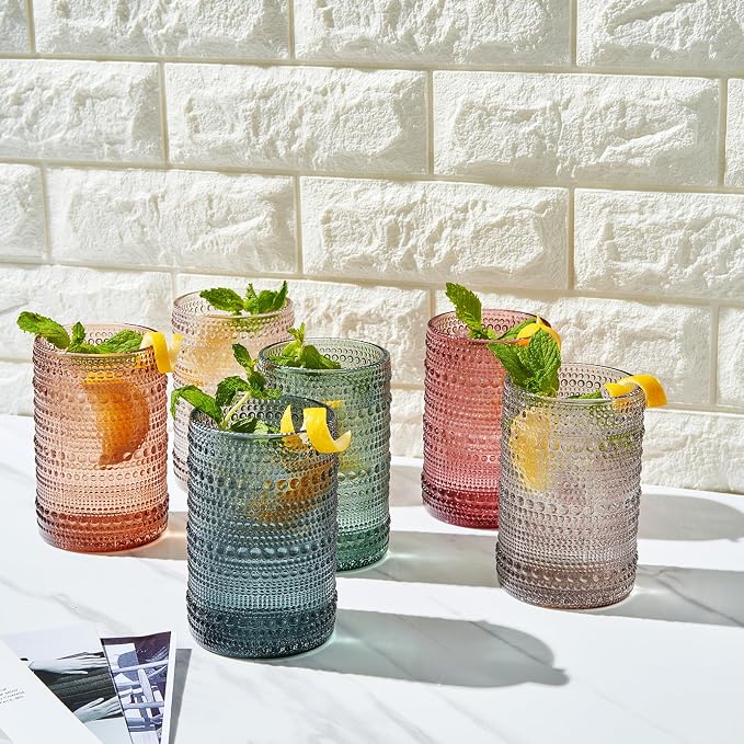 Khen Hobnail Drinking Glasses & Straws, 6x Neutral Muted Colors 14oz Vintage Glassware Set of 6 Embossed Vintage Water Cups, Highball Glasses for Cocktail, Whiskey, Beer & Juice, Dishwasher Safe Gift