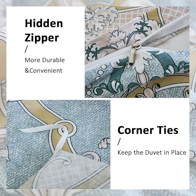 100% Natural Cotton Duvet Cover Set Queen 3 Pcs Grayish Blue Duvet Cover with Luxurious Damask Pattern, Reversible Breathable Soft Comforter Cover Sets with Zipper Closure All Season