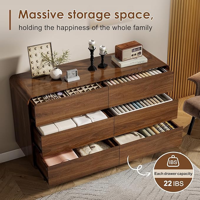 Dresser for Bedroom, 47" Wide Mid Century Modern Chest of Drawers with 6 Storage Drawers, Curved Beveled Design, Dark Wood Dresser TV Stand for Living Room, Closet, Walnut