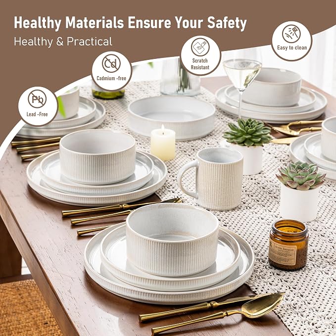 GBHOME 18-Piece Stoneware Dinnerware Set for 6 – Ribbed Ceramic Plates and Bowls, Scratch-Resistant, Microwave & Dishwasher Safe, Reactive Glaze, Sugar White