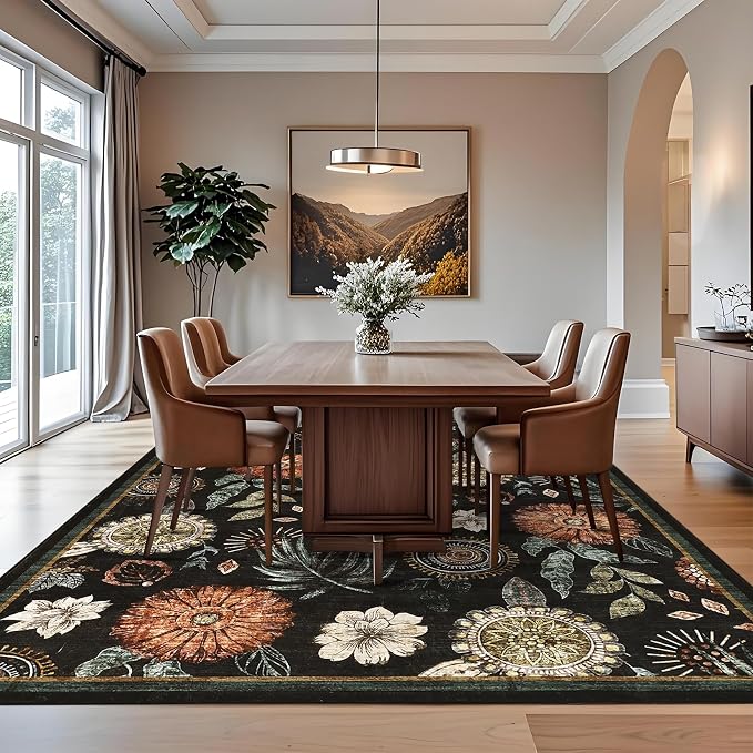 Washable 9x12 Vintage Floral Area Rug Non Shedding Living Room Large Carpet Non Slip Modern Botanical Solid Indoor Carpets Low Pile Floral Rug Soft Thin Foldable Mat for Classroom Dining Room, Black