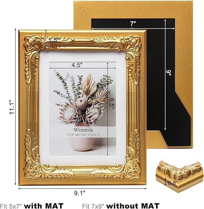 7x9 Gold Picture Frame with Baroque Flower Trim, Solid Wood with Real Glass, Display 7x9 Photos Matted to 5x7, Vertical and Horizontal Desk Tabletop or Wall Hanging,Ornate Vintage Style