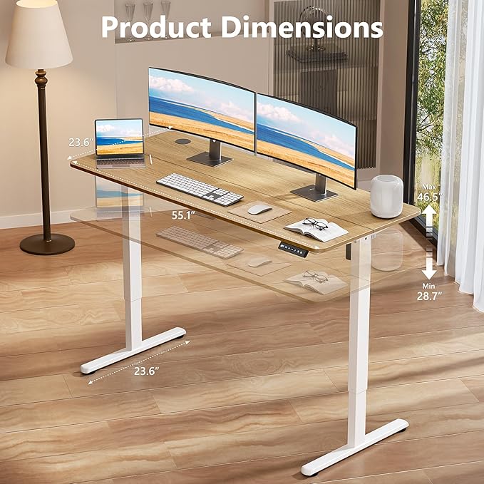 Electric Standing Desk 55 x 24 Inches, Height Adjustable Sit Stand Home Office Computer Desk with Memory Presets,Wood Color