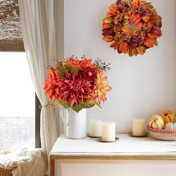 Briful Fall Flowers Artificial Bouquet for Decoration, Fake Silk Flowers Arrangements with Dahlia & Mums Mixed Autumn Floral Stems for Home Room Fall Table Centerpiece Wedding Party Decor
