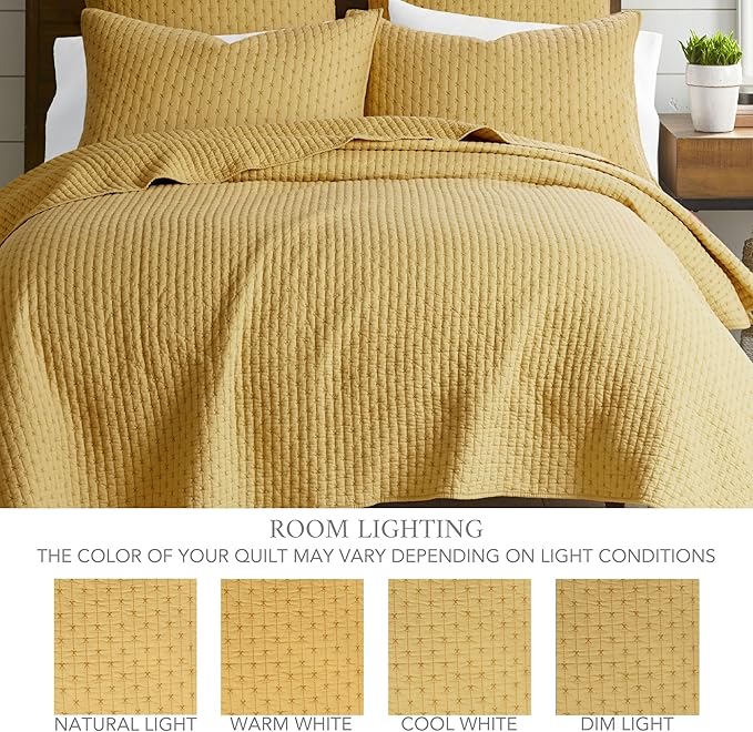 Levtex Home Cross Stitch Reversible King/Cal King Quilt Set (106x92in) with 2 Pillow Shams (36x20in) - Stitch Texture - Ochre - Cotton King Size Quilt Bedding Set - Lightweight, Soft, Pre-Washed