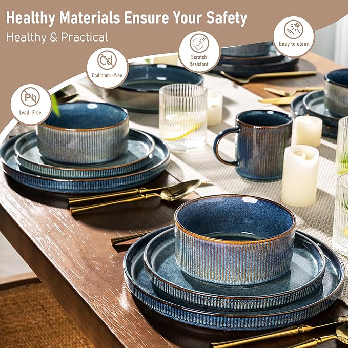 GBHOME 18-Piece Stoneware Dinnerware Set for 6 – Ribbed Ceramic Plates and Bowls, Scratch-Resistant, Microwave & Dishwasher Safe, Reactive Glaze, Ceylon Blue