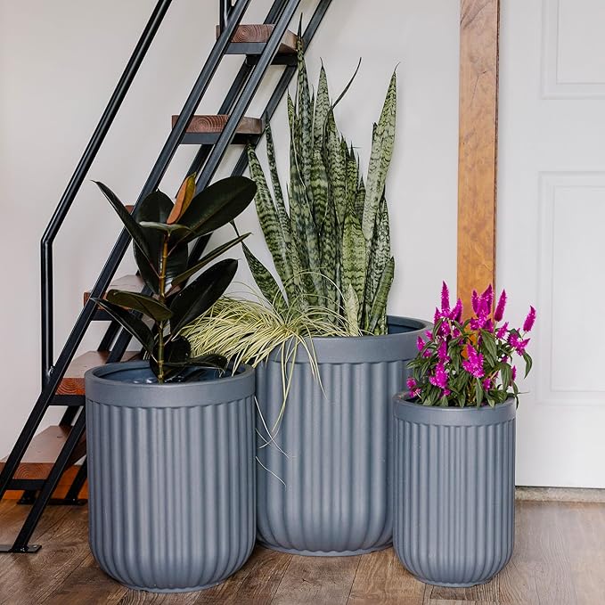 Beuta Large Planters for Outdoor Plants - Set of 3, 15/18/20 Inches - USA Made - Outdoor Planters for Porch - Tall Planter for Outdoor & Indoor Plants | Large Indoor Plant Pot - Grey