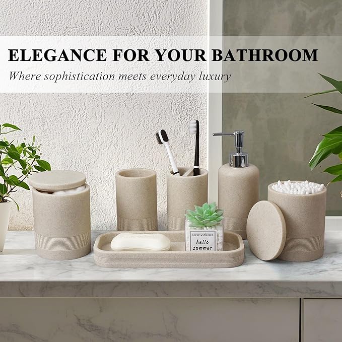 LIN CHUAN 6-Piece Bathroom Accessories Set, Bathroom Accessory Set with Soap Dispenser, Toothbrush Holder Set, Vanity Tray, Tumbler & 2 Cotton Swab Jars, Modern Stylish Bathroom Organizer(Beige)