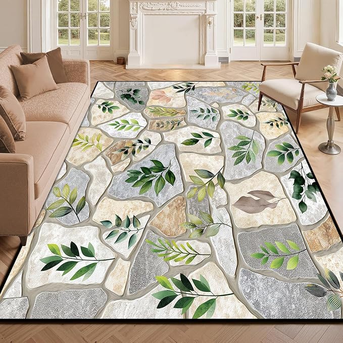 3'x5' Optical Illusion Rug 3D Stone Floor Mat Green Leaf Botanical Area Rug Rustic Nature Washable Carpet for Entryway Bedroom Living Room Kitchen Home Decor