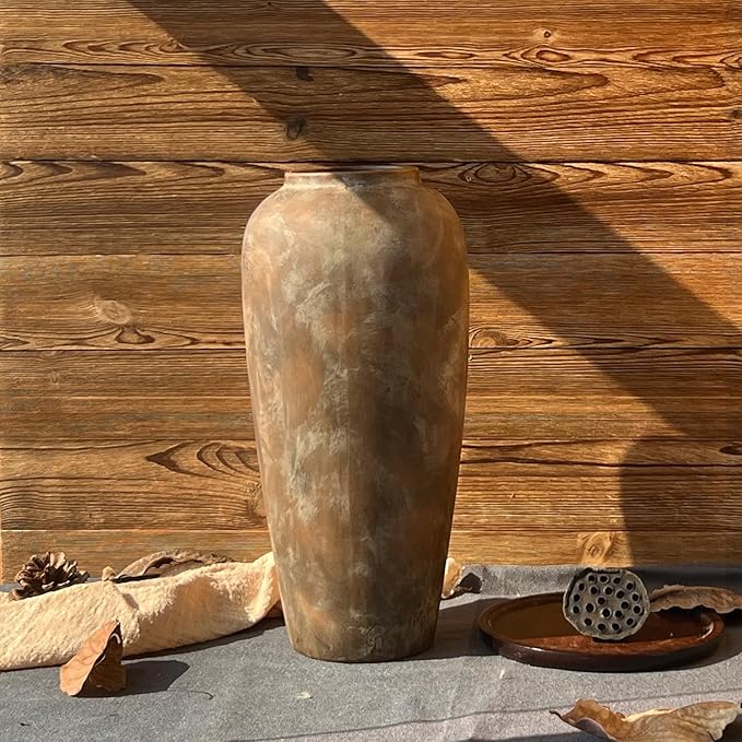15 Inch Vintage Farmhouse Decor Ceramic Rustic Vase, Handmade Brown Flower Vases for Centerpieces, Living Room & Kitchen Shelf Decorative Pottery Vase for Home Decor