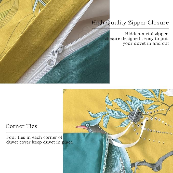 EAVD Cute Birds Duvet Cover Twin XL Cotton Floral Duvet Cover Set Yellow Bedding Set with Garden Tree Branches Flowers Birds Pattern Reversible Design Girls Duvet Coveer with Zipper Closure