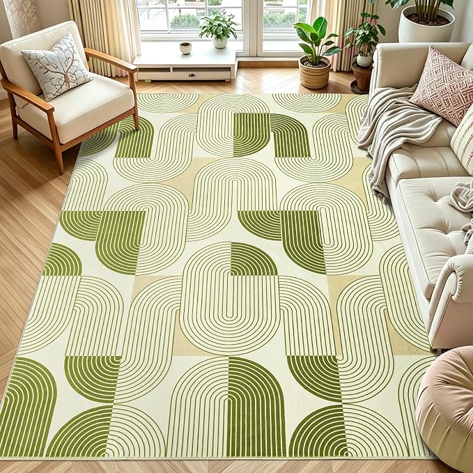 Rugs for Living Room, Soft Green Area Rug for Bedroom 5x7, Washable Mid Century Modern Rug, Non Slip Indoor Floor Boho Low Pile Abstract Carpet for Dining Room Nursery Office Home
