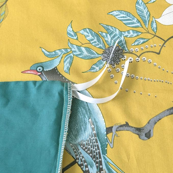EAVD Cute Birds Duvet Cover Twin XL Cotton Floral Duvet Cover Set Yellow Bedding Set with Garden Tree Branches Flowers Birds Pattern Reversible Design Girls Duvet Coveer with Zipper Closure