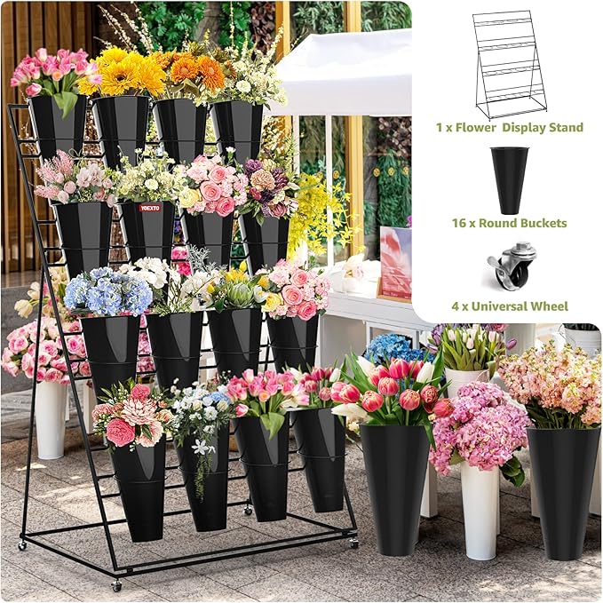 Flower Display Stand 4 Layers with 16 PCS Round Buckets, Plant Stand with Wheels, Movable Metal Plant Stand for Terrace Garden, Florist Shop