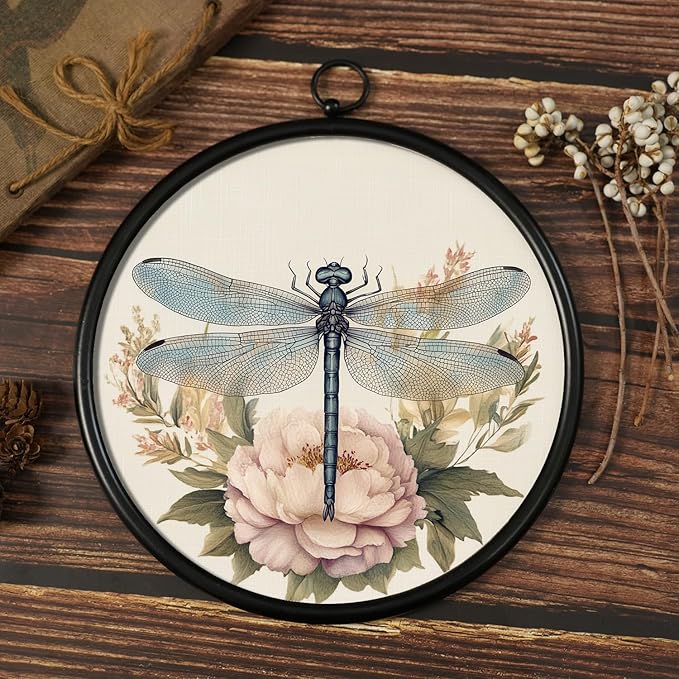 XIAOAIKA Round Vintage Wall Hanging Decor, Printed Textured Surface with Wood Back, Dragonfly Design, Black Metal Frame, Ready to Hang for Living Room Bedroom, 10 Inch