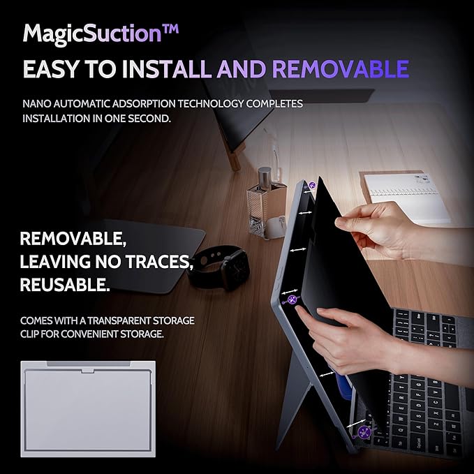 Peslv Privacy Screen for 10.5 Inch Surface Go 4/3/2/1, MagicSuction™ Removable Anti Spy Black Protector, Glare Blue Light Filter for Microsoft Laptop Computer Monitor