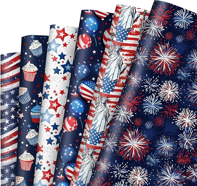 JarThenaAMCS 12 Sheet Patriotic Wrapping Paper -Not Roll- American Flag Star Firework Gift Wrap Paper Folded Flat Art Paper for 4th of July DIY Crafts Gift Wrapping, 19.7 x 27.6 Inch