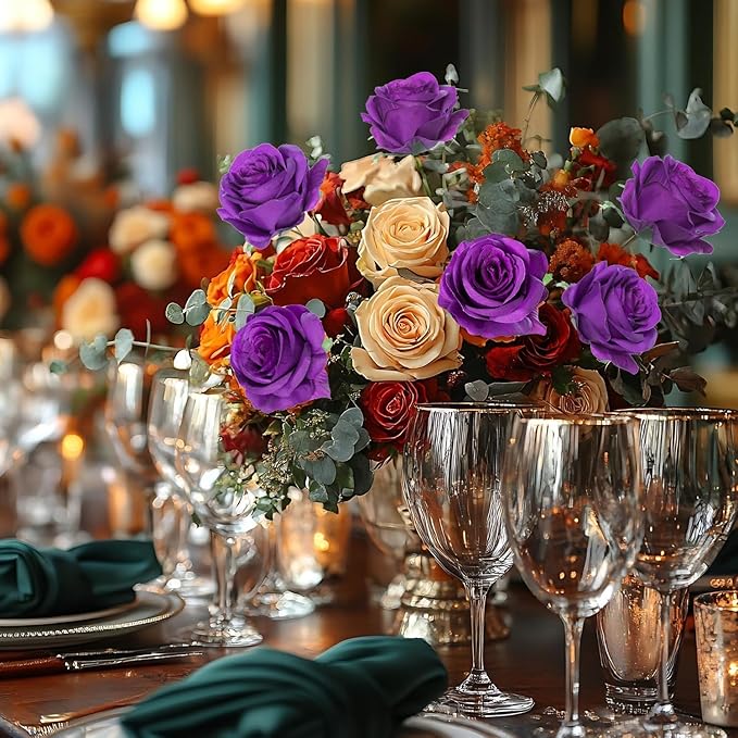 50pcs Artificial Roses Flowers in Bulk,Realistic Silk Fake Rose with Long Stem for Wedding Centerpieces Bouquet Party Floral Arrangement Home Decoration (Purple)