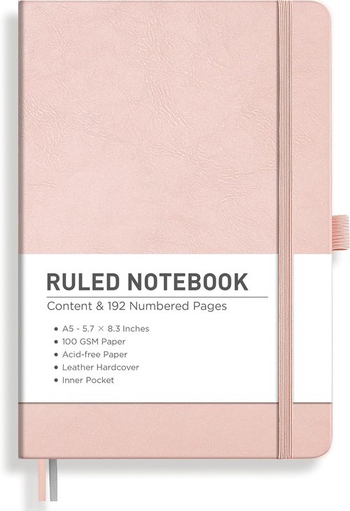 RETTACY Lined Journal Notebook - A5 Medium Size (5.7'' x 8.3'') | Leather Hardcover, 192 Numbered Pages, Rose Gold
