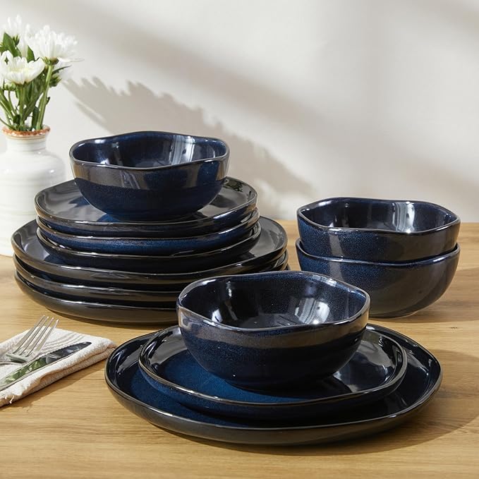 Pokini Ceramic Dinnerware Sets, Microwave Safe Plates and Bowls Sets, Kitchen Dishes Set for 4, Unbreakable & Dishwasher Safe Tableware, Everyday Use, Starry Blue