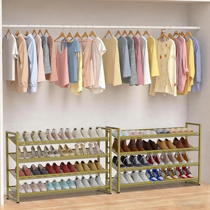 NEYCIL Large Shoe Rack 8 Tier Shoe Organizer, Heavy Duty Metal 4-Tier Stackable Shoe Storage Vertical Shoe Rack for Closet Front Door Entrance, Up to 50 Pairs, 44.8" W x 11.4" D x 56.7" H, Gold