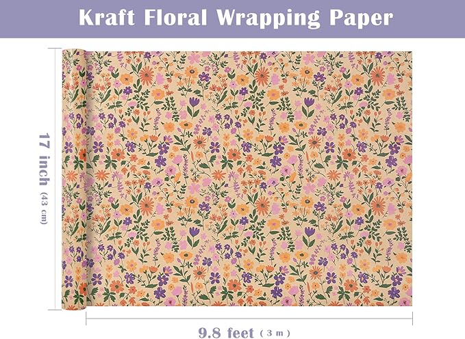 WRAPAHOLIC Kraft Floral Wrapping Paper Roll - Mini Roll - 17 Inch x 9.8 Feet - Vintage Flower Wrapping Paper, Perfect for Wedding, Birthday, Bridal Shower, Tea Party