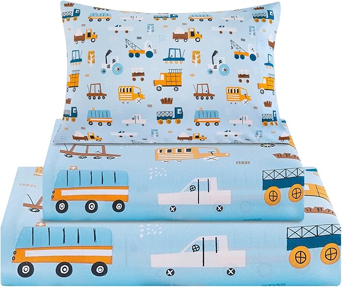 Viviland 3 Pieces Boys Blue Truck Twin Sheet Set - Soft Microfiber Fitted Flat Sheets & Pillowcase - Construction Truck Bedding Sets - for Kids & Toddlers