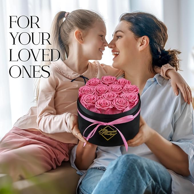 GLAMOUR BOUTIQUE Flowers Forever Gift Box 12 Real Preserved Roses in a Velvet Black Box, Birthday for Her Mom and Wife, Mothers Day, Anniversary, Graduation - Pink