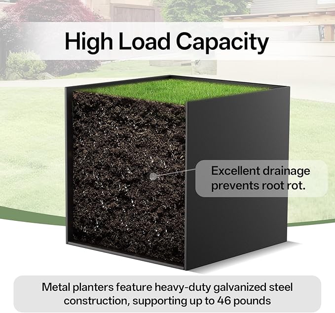 Metal Planter Box, 26" x 26"x 26", Heavy-Duty Galvanized Steel Outdoor Planter with Drainage Holes, Rectangular Planter for porches, Gardens, patios, and courtyards，Black