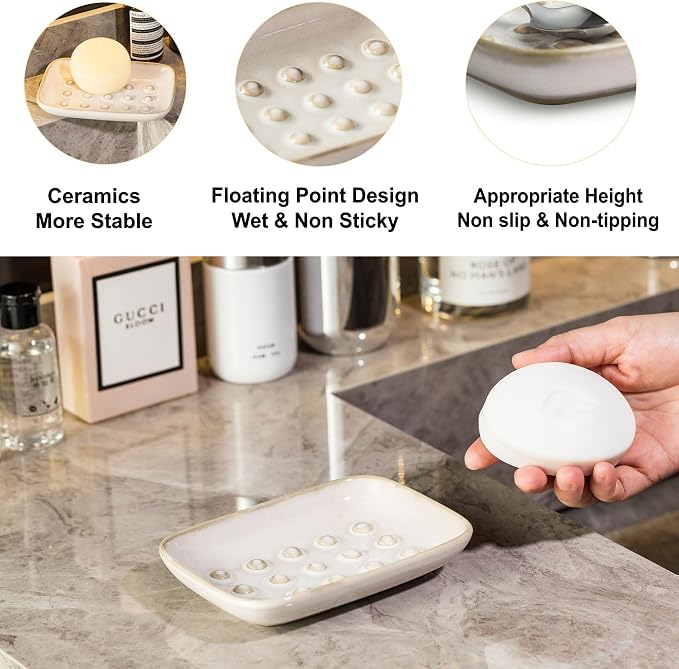 Miamolo Soap Dish for Shower, Ceramic Soap Dish Non-Slip Soap Holder Bar Saver Tray for Bathroom Kitchen Sink, Floating Point Design Save Soap Loss (Pack of 2)