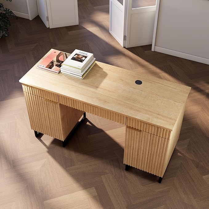 55" Fluted Executive Desk with File Drawer,Wooden Computer Desk with Storage,Light Wood Modern Office Desk for Work and Studying,Natural Oak (1, Natural Oak)