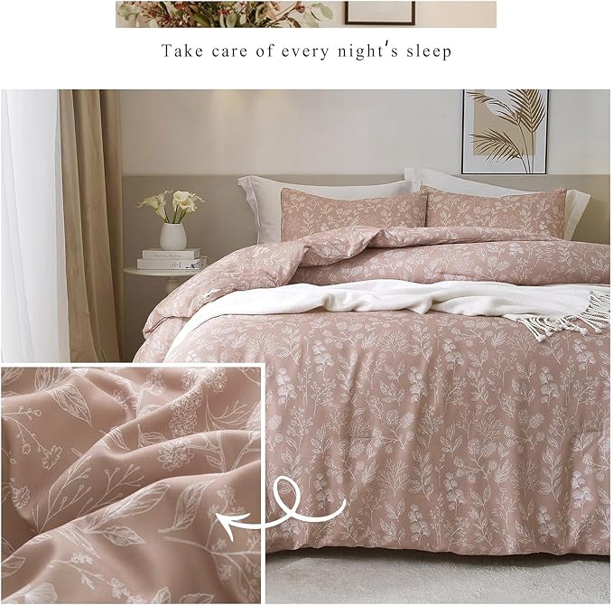 EAVD Vintage Style Garden Dust Pink Floral Duvet Cover King Soft Cotton Chic Cute Floral Bedding Set with 2 Pillowcases Reversible Botanical Duvet Cover with Zipper Closure