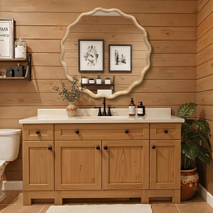 Circle Wood Mirrors for Wall, Wavy Round Bathroom Scalloped Mirror Wooden Frame 36 Inch for Living Room Farmhouse Bedroom Hallway Entryway Living Room with Shatterproof Glass Wall Mounted