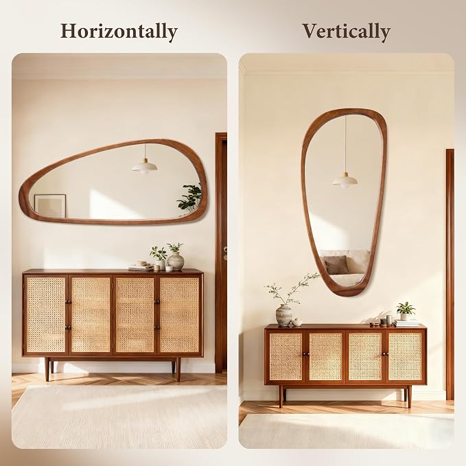 22‘’x48'' Asymmetrical Mirror with Wood Frame, Small Irregular Wall Odd Shaped Mid Century Modern Mirror Christmas Decor for Bedroom Living Room Entryway Hall (Wood)
