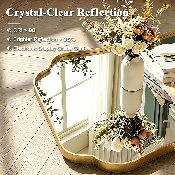 ANDY STAR 36x48 Inch Brushed Gold Bathroom Mirror, Luxury Brass Scalloped Wall Mirror with Stainless Steel Frame, Large Decorative Wave-Edge Vanity Mirror for Living Room, Entryway, Bedroom