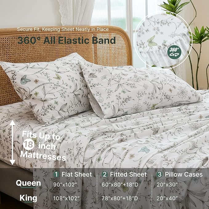 100% Cotton Sheet Set King Size – 4-Piece Chic White Floral Bedding Set, Soft Breathable Percale Weave, Deep Pocket Fitted Sheet 17.5", Crisp Cool Feel, Refined Botanical Elegance
