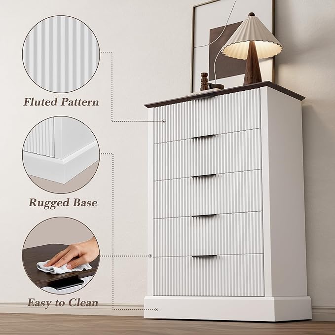 Dresser for Bedroom with 5 Fluted Drawers, 31.5" Wide Chest of Drawers with Mid-Century Design, Wood Dresser for Closet with Metal Handle, White