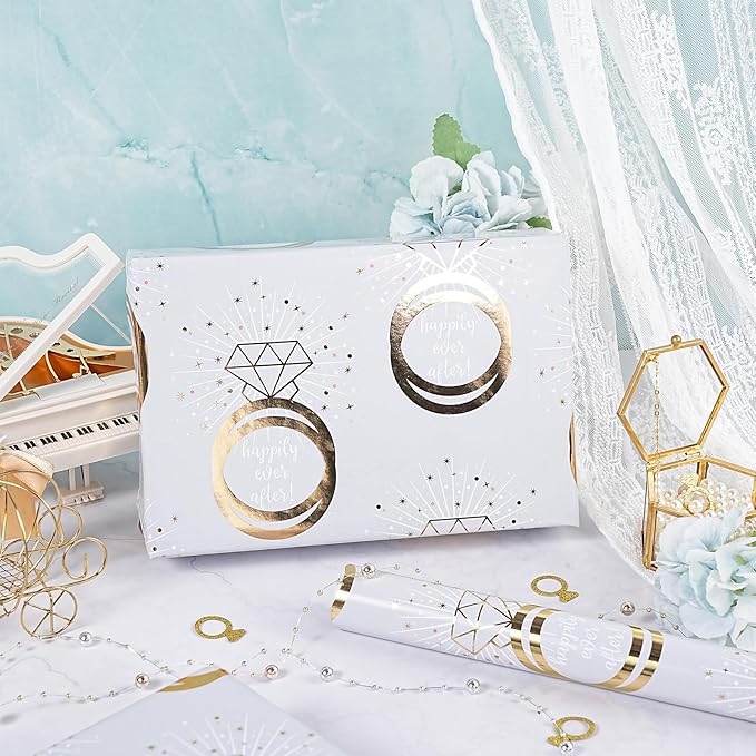 RUSPEPA Wedding Wrapping Paper Roll, Mini Roll, Gold Rings, Diamond Sparkle Design, Happy Ever After Elegant Gift Wrap for Bridal Shower, Wedding, Bachelorette Party, Engagement, 17 Inches x 16.4 Feet