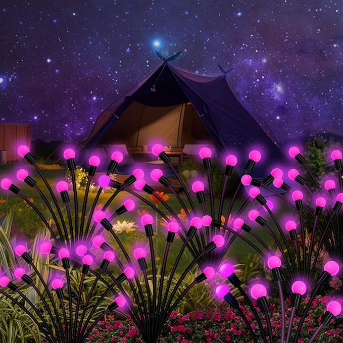 Kohlrabi Solar Garden Lights Outdoor, 6 Pack 60 LED Pink Firefly Lights Waterproof, Sway by Wind, Solar Swaying Light for Yard Patio Backyard Garden Planter Flower Bed Pathway Outdoor Decoration