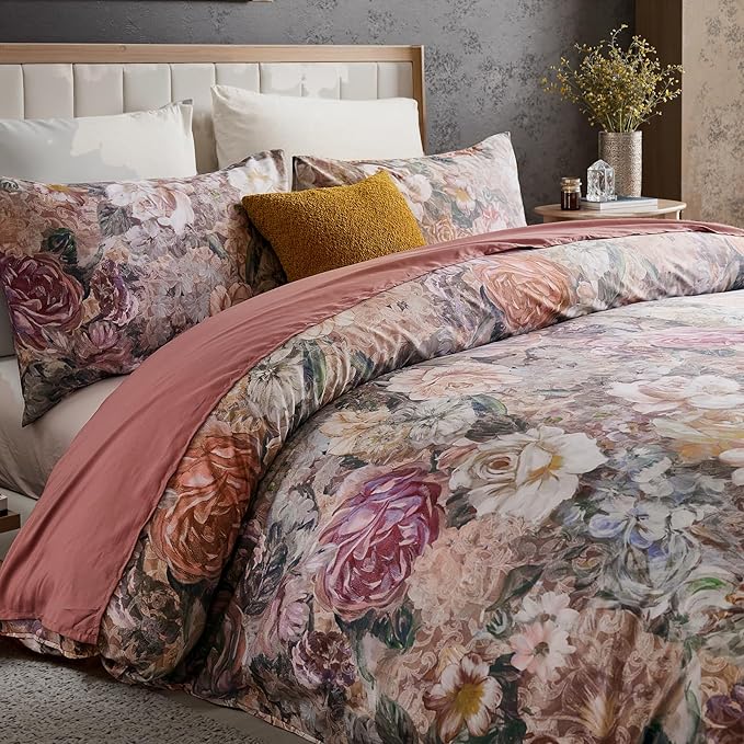 100% Cotton Duvet Cover Queen Size – Vintage Floral Duvet Cover Set with Zipper Closure & Corner Ties, 3-Piece Luxury & Silky Soft Bedding Set for All Seasons