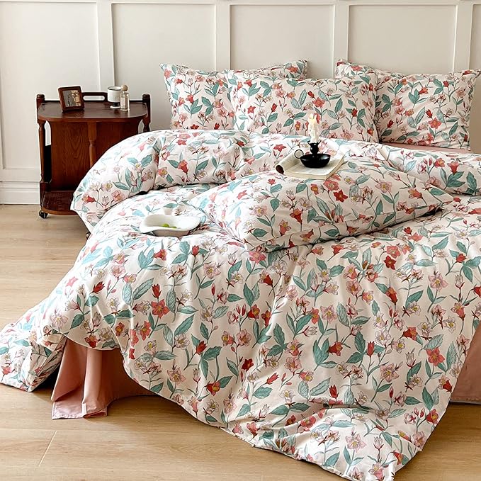 EAVD Red Floral Duvet Cover King Soft 100% Cotton Garden Floral Leaves Botanical Bedding Set with 2 Pillowcases Chic Shabby Vintage Floral Comforter Set with Zipper Closure