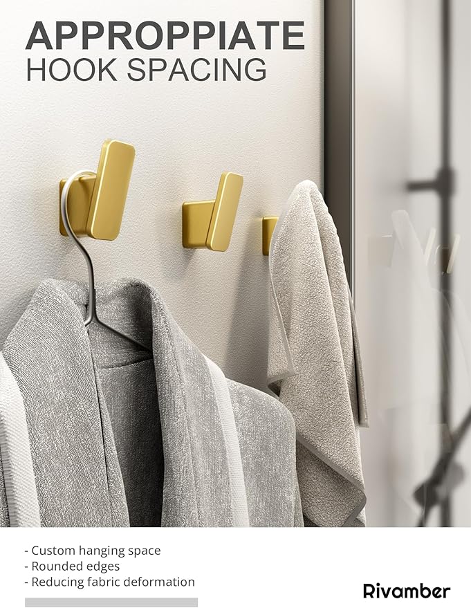 4-Pack Brushed Gold Towel Hook for Bathroom, Robe Coat Hook, Heavy Duty Wall Hooks for Hanging Bag Hat Mudroom Bedroom Shower Closet, Drill in Hanger Mount with Screw, Holder Back of Door Outdoor