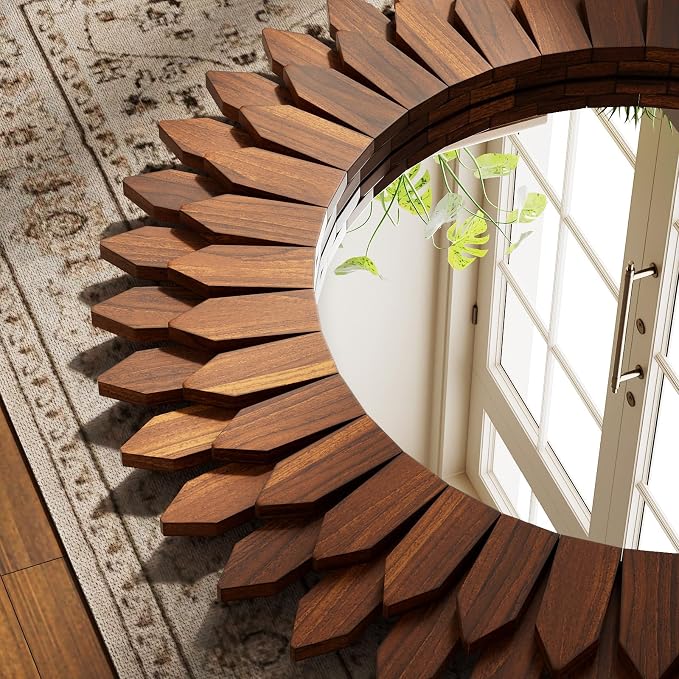 28 Inch Walnut Boho Wall Decor Sunburst Mirror - Round Wooden Wall Decor, Handmade Rustic Circular Mirror for Living Room, Bedroom, Entryway, Office