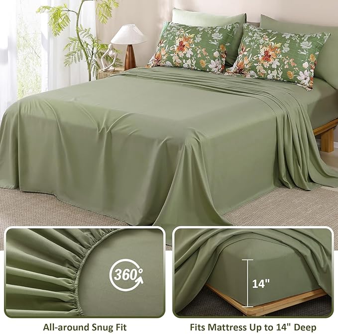 Dobuyly Queen Comforter Set, 7 Pieces Green Floral Comforter Set, Bed in a Bag Queen with Botanical Flowers Pattern, All Season Farmhouse Queen Size Bedding Set with Sheets, Pillowcases & Shams