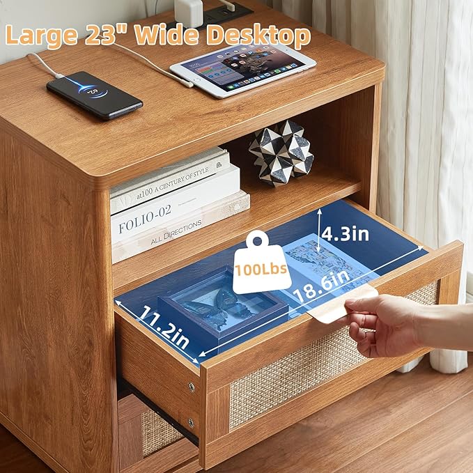 LEYAOYAO Rattan Nightstands Set of 2 with Charger Station, 23" Wide Boho Night Stand with 2 Drawers, Natural Wood Bedside Table Open Shlef, Bed Side End Table Dresser for Bedroom, Living Room Hallway