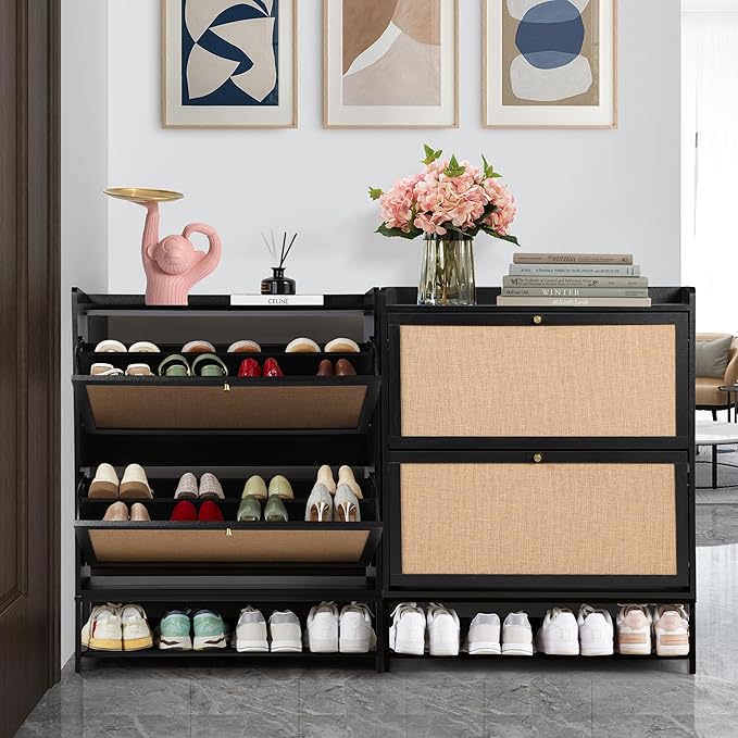 LEVNARY Shoe Storage Cabinet with 2 Flip Drawers, Wooden Narrow Shoe Cabinet Storage for Entryway, Freestanding Shoe Rack Organizer Cabinet with Metal Legs for Hallway (1, Black)